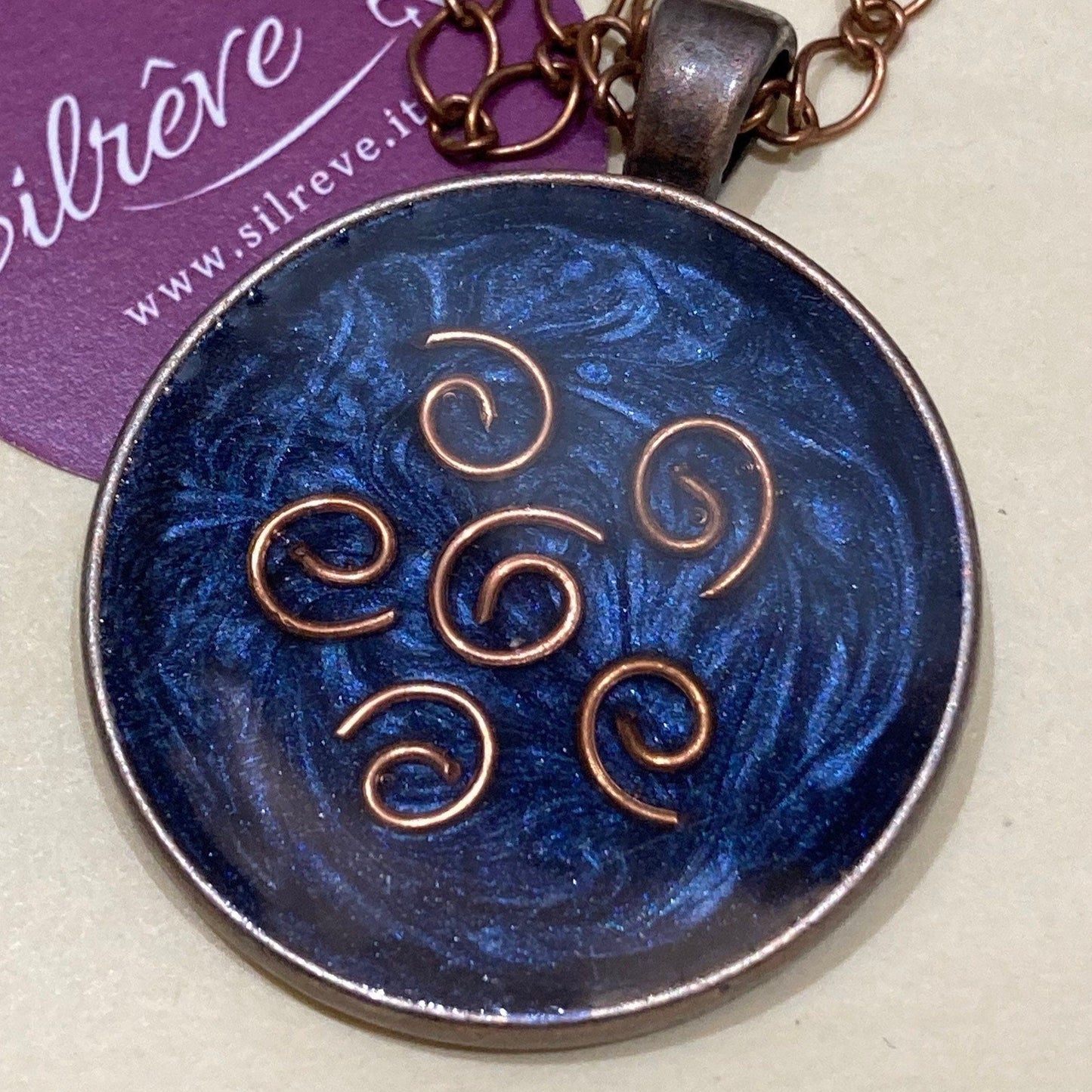 Copper necklace with round pendant, hand painted and vitrified.